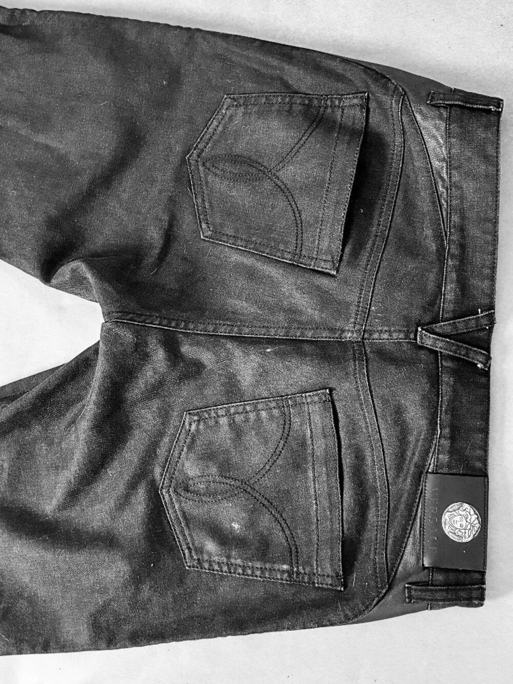 Versace Jeans Couture Black Moto Jeans Real Leather Sides Size 34 Made in Italy